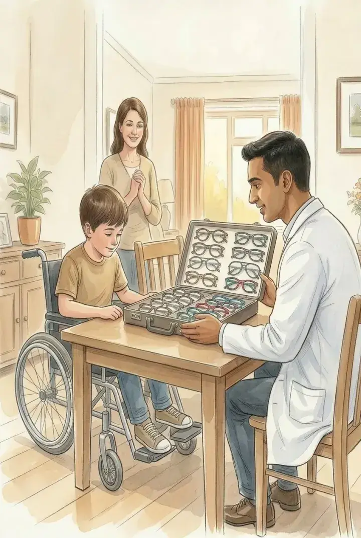 Indian doctor showing a young boy in a wheelchair a briefcase of eyeglasses at home, with his mother in the background