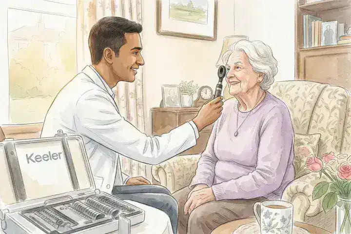 Optometrist conducting a friendly home eye test with an elderly patient