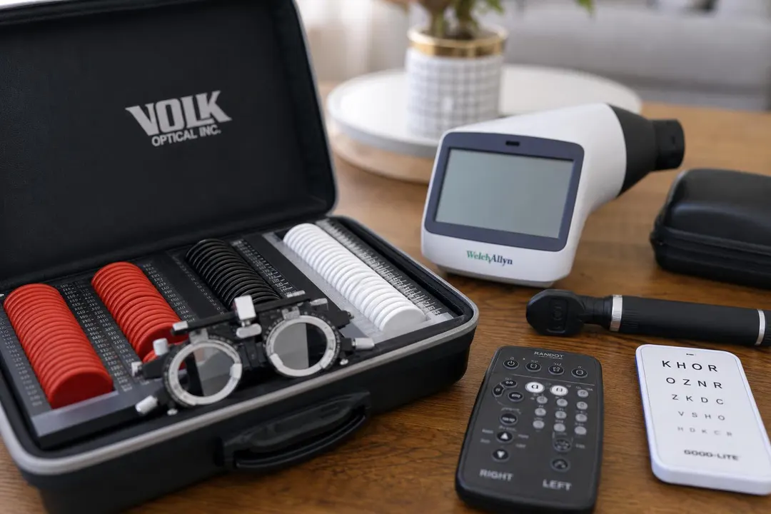 Portable optometry equipment set up for a home eye test